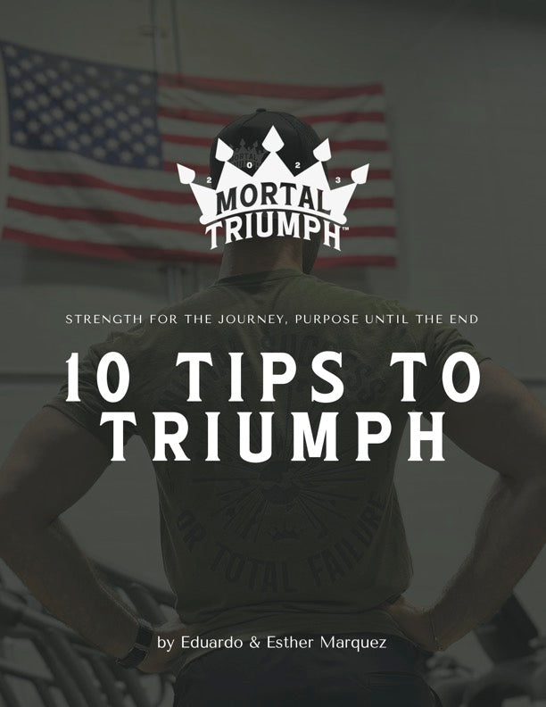 A book cover titled '10 Tips to Triumph' by Eduardo & Esther Mquez, featuring a person with their back towards the camera, looking out over a flag.